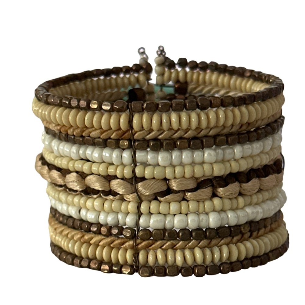 Neutral Beaded Cuff Bracelet Boho Multi Strand Statement Jewelry